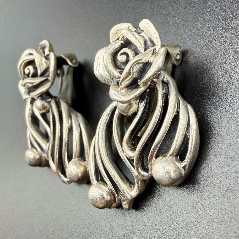 Vintage Forto? Signed Silver Rose Swirl Clip-On Earrings - Silver 1.5” - Picture 3 of 5